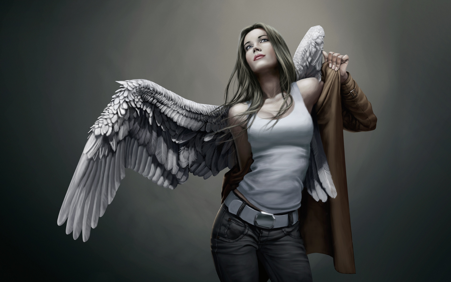 angels, Wings, Singlet, Jeans, Fantasy, Girls, Urban, Girl, Brunette, Mood Wallpaper