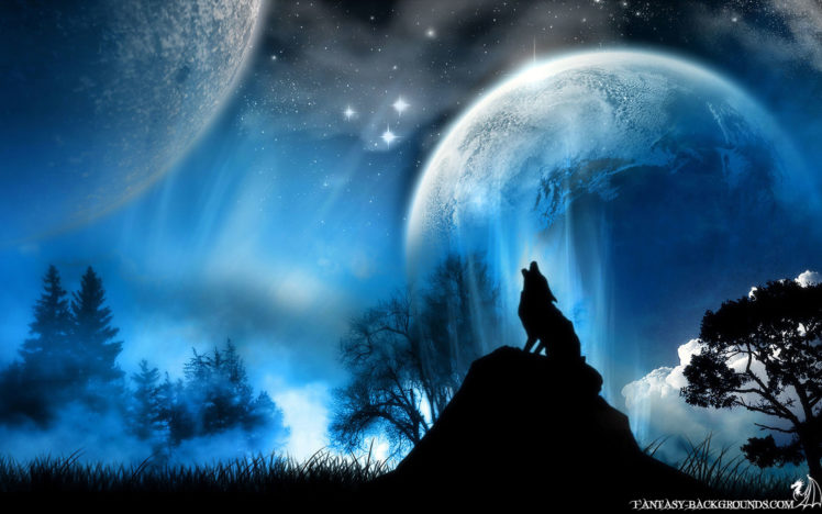 blue, Stars, Planets, Moon, Wolves HD Wallpaper Desktop Background