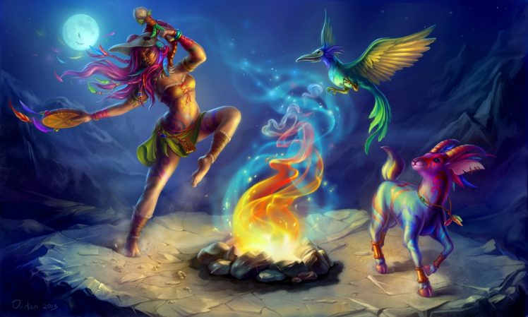 magical, Animals, Fire, Moon, Night, Fantasy, Girls HD Wallpaper Desktop Background
