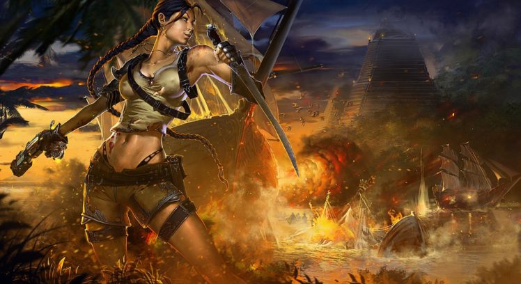 warriors, Fantasy, Girls, Tomb, Raider, Lara, Croft, Battle, Warrior HD Wallpaper Desktop Background