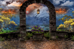 art, Arch, Mountains, Light, Trees, Flowers, Sky, Clouds