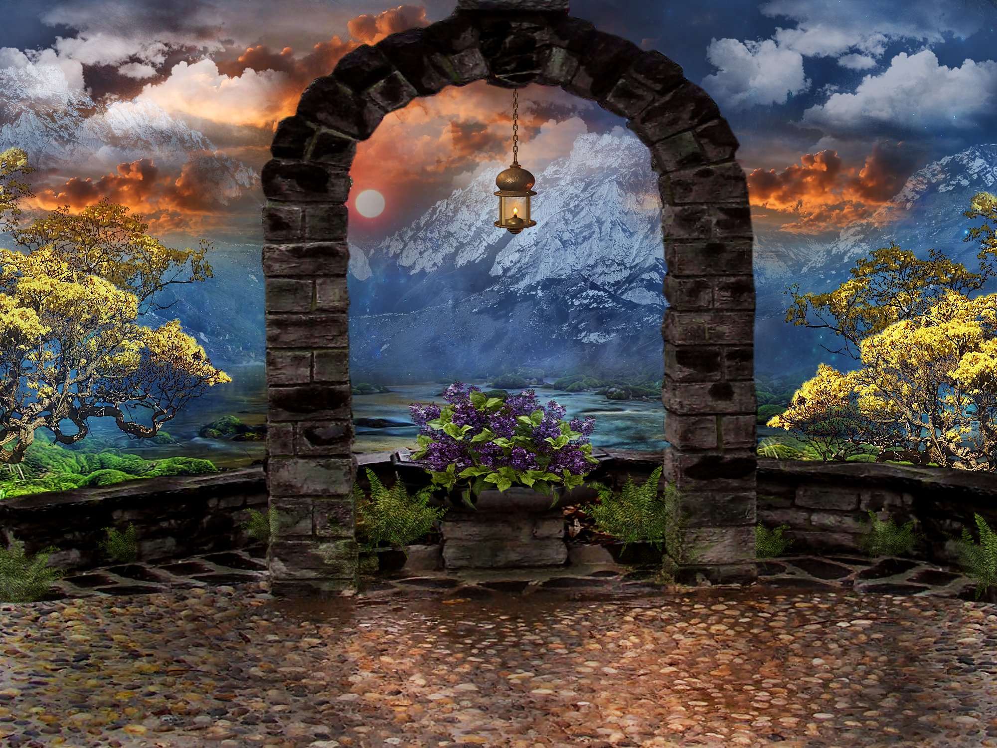 art, Arch, Mountains, Light, Trees, Flowers, Sky, Clouds Wallpaper