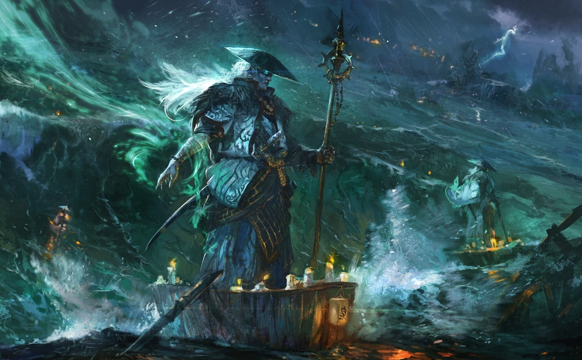 art, Sea, Storm, Boat, Spirit, Spark, Hat, Stick, Lightning, Fantasy Wallpaper