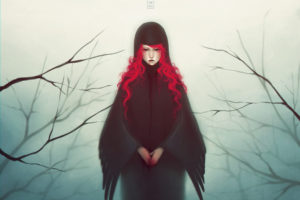 art, Mezamero, Girl, Red, Hair, Blood, Wings, Branches, Mood, Fantasy