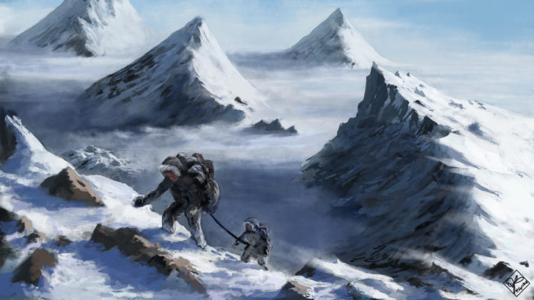 art, Mountains, Snow, Mountain, Climbers, Top, Height, Fantasy HD Wallpaper Desktop Background