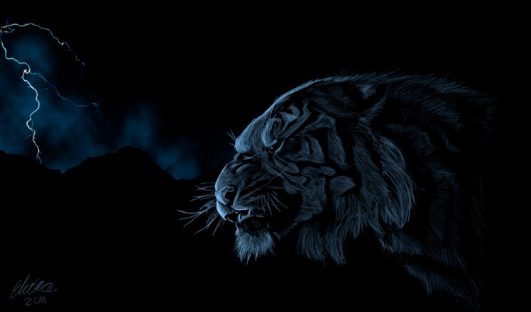cats, Tigers, Painting, Art, Animals, Tiger, Fantasy, Lightning, Storm, Dark HD Wallpaper Desktop Background