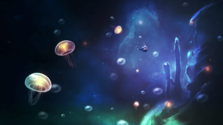 sea, Aeyaeydiver, Man, Jellyfish, Mask, Scuba, Underwater, Bubbles, Bubble, Ocean HD Wallpaper Desktop Background