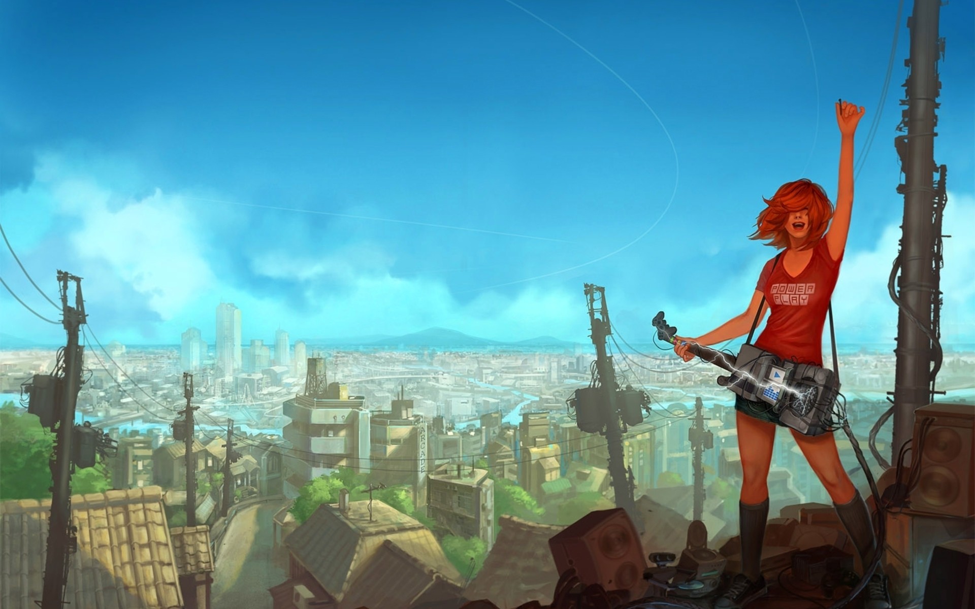 women, Cityscapes, Futuristic, Redheads, Guitars, Artwork Wallpaper