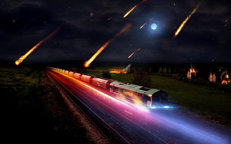 landscapes, Night, Fire, Trains, Speed, Speedart, Meteor HD Wallpaper Desktop Background