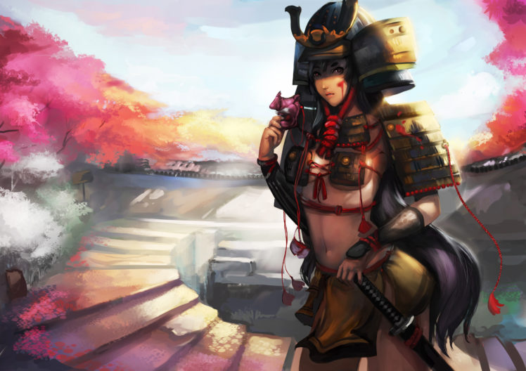 girl, Samurai, Armor, Sword, Mask, Paint, Katana, Warrior, Warriors HD Wallpaper Desktop Background