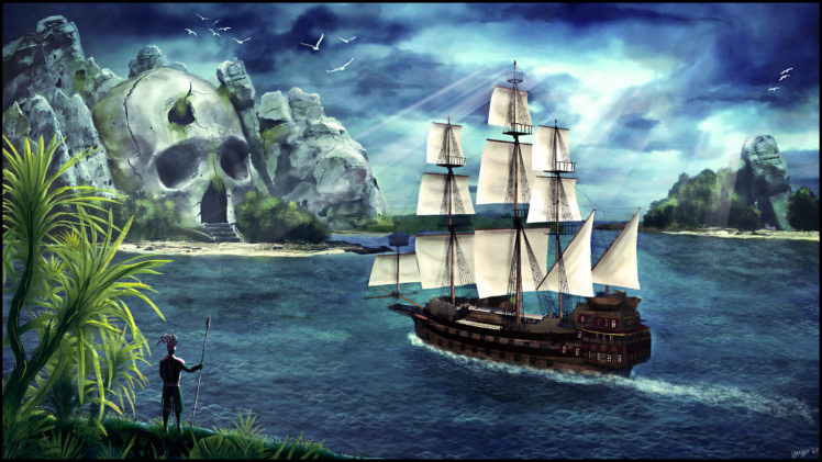 fantastic, World, Ships, Sailing, Coast, Skulls, Fantasy HD Wallpaper Desktop Background