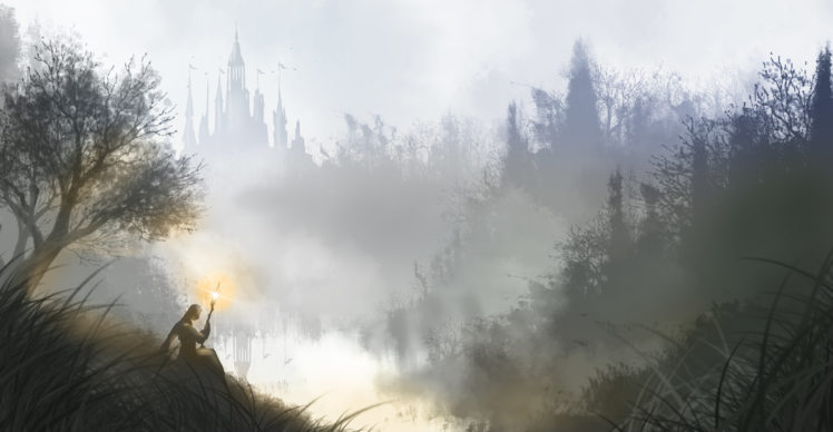 fantastic, World, Castle, Landscape, Fog, Lake HD Wallpaper Desktop Background