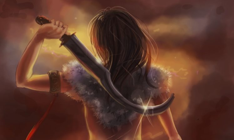 warrior, Brown, Haired, Fantasy, Girls, Weapon, Girl HD Wallpaper Desktop Background