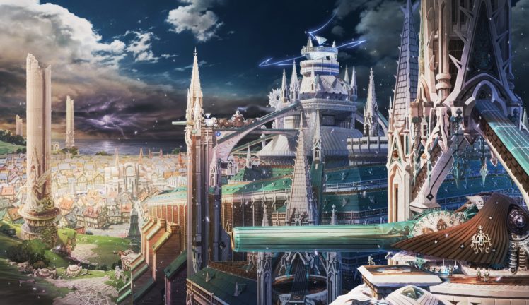 clouds, Castles, Cityscapes, Fantasy, Art, Anime, Cities HD Wallpaper Desktop Background