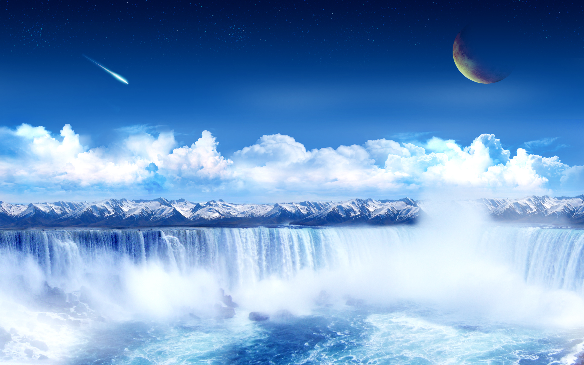 water, Clouds, Planets, Science, Fiction, Meteorite, Waterfalls Wallpaper
