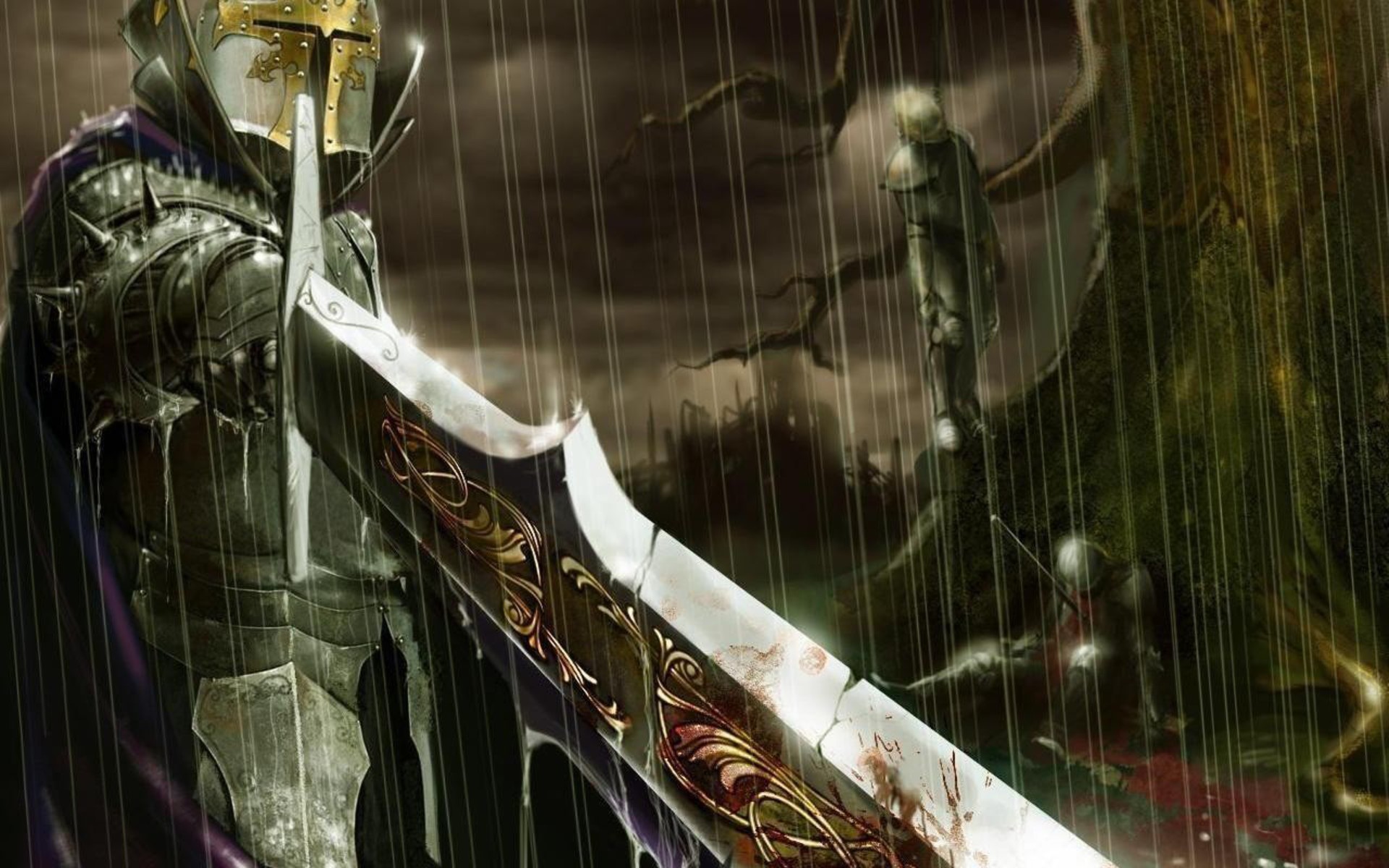 rain, Knights, Swords Wallpaper