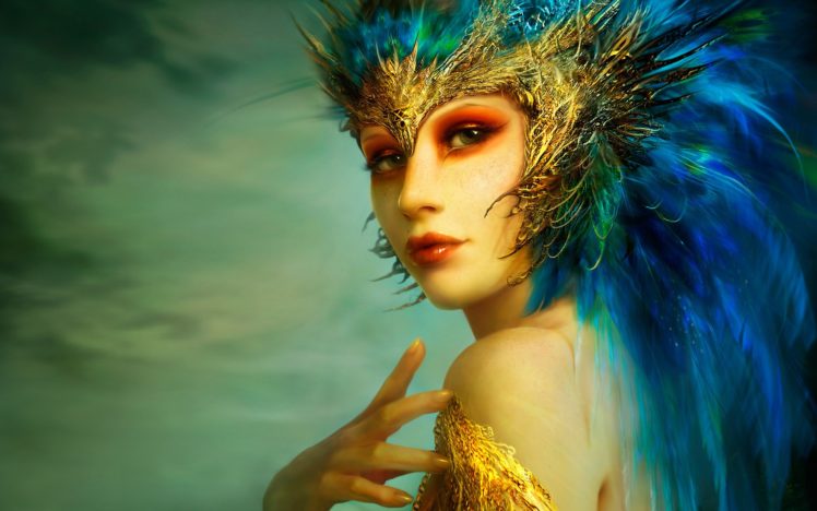 women, Blue, People, Feathers, Fantasy, Art, Artwork, Faces HD Wallpaper Desktop Background