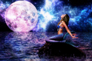 mermaid, Sea, Moon, Night, Horizon, Fantasy, Girls