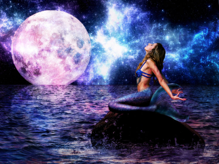 mermaid, Sea, Moon, Night, Horizon, Fantasy, Girls HD Wallpaper Desktop Background