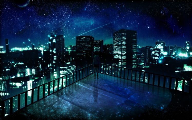 outer, Space, Cityscapes, Night, Stars, Alone, Balcony, Buildings, City, Lights, Artwork, Manga, Night, Landscapes HD Wallpaper Desktop Background