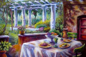 art, Garden, Park, Table, Chair, Column, Fruits, Flowers, Glasses