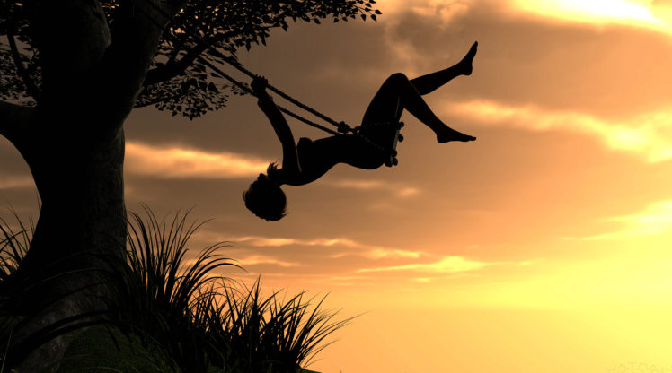rendering, Girl, Sunset, Sky, Tree, Swing, Mood HD Wallpaper Desktop Background