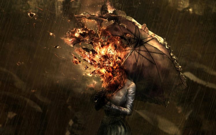 women, Fire, Head, Umbrellas HD Wallpaper Desktop Background
