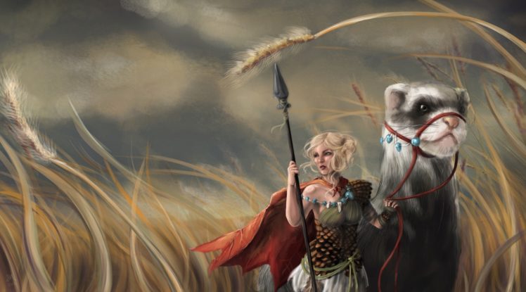 warrior, Magical, Animal, Spear, Fantasy, Girl, Ferret HD Wallpaper Desktop Background