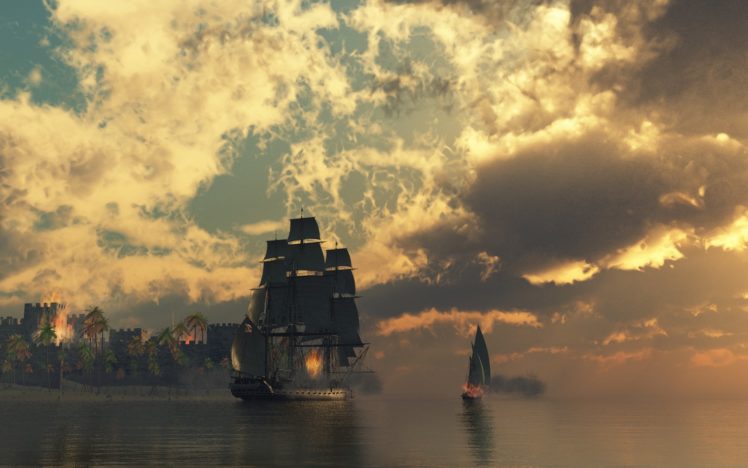 fire, Ships, Pirates, Sail, Ship, Sails HD Wallpaper Desktop Background