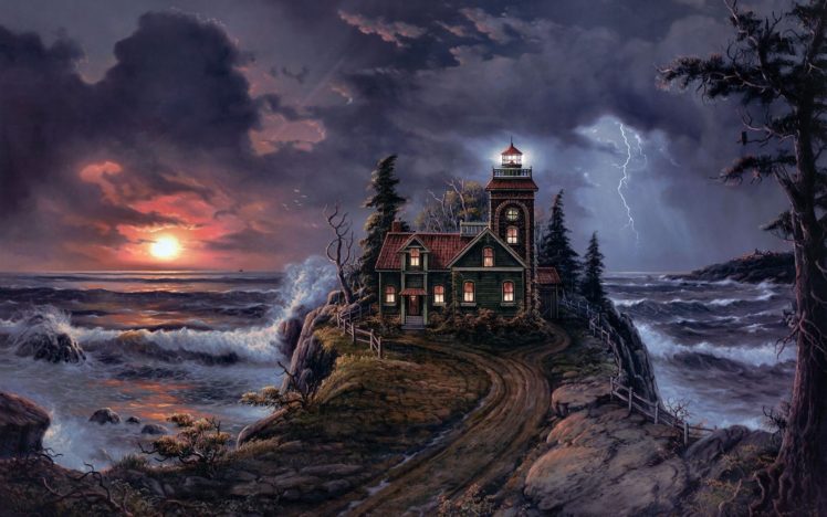 sunset, Houses, Artwork, Lightning, Jesse, Barnes HD Wallpaper Desktop Background