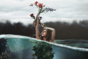 girl, Flowers, Water