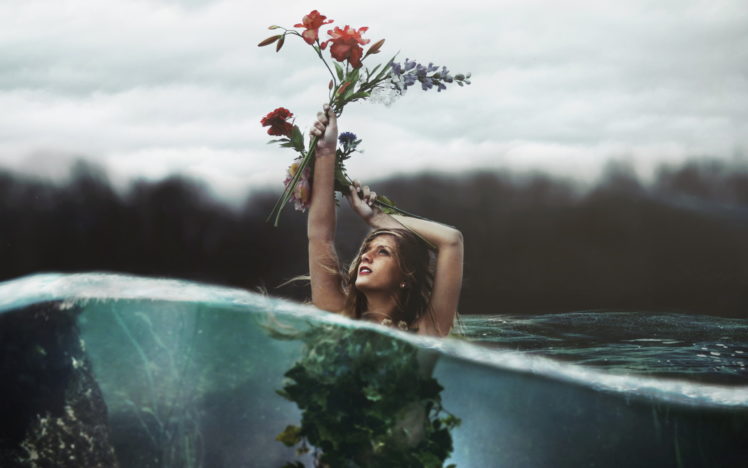 girl, Flowers, Water HD Wallpaper Desktop Background