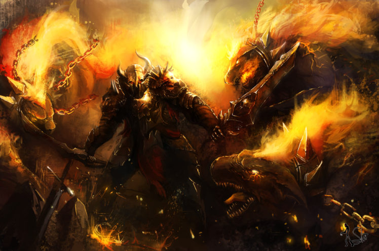 battle, Monster, Fire, Armor, Sword, Warrior HD Wallpaper Desktop Background