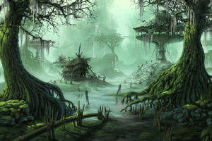 fantasy, Village, Trees, Swamp, City