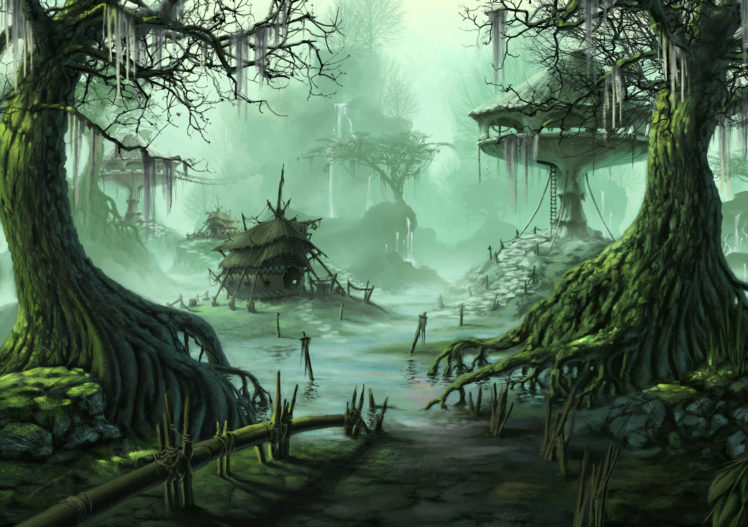 fantasy, Village, Trees, Swamp, City HD Wallpaper Desktop Background