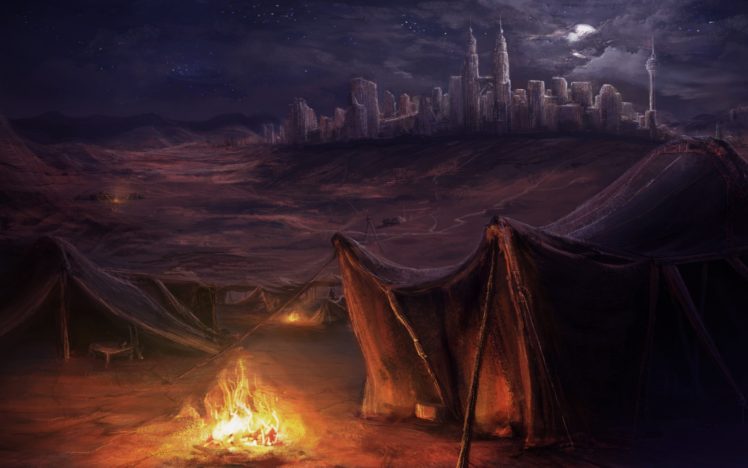 art, Night, Tent, City, Fire HD Wallpaper Desktop Background