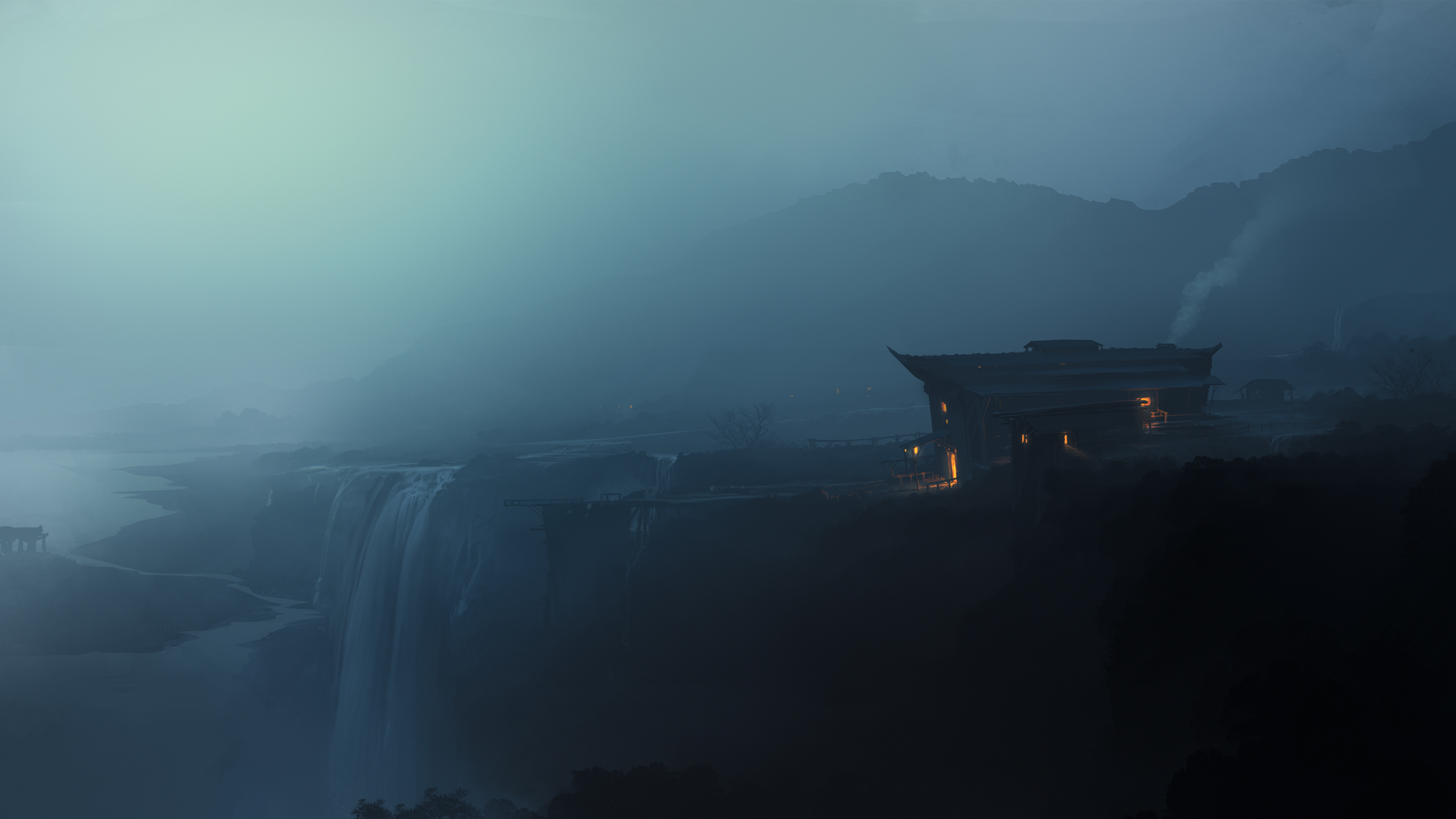 house, Drawing, Waterfall, Fog, Mist Wallpaper