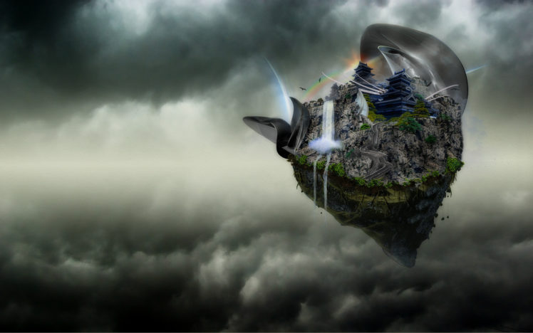island, Landscape, Magic, Waterfall, Castle HD Wallpaper Desktop Background