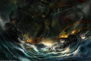 rain, Waves, Storm, Ships, Pirates, Battles, Artwork