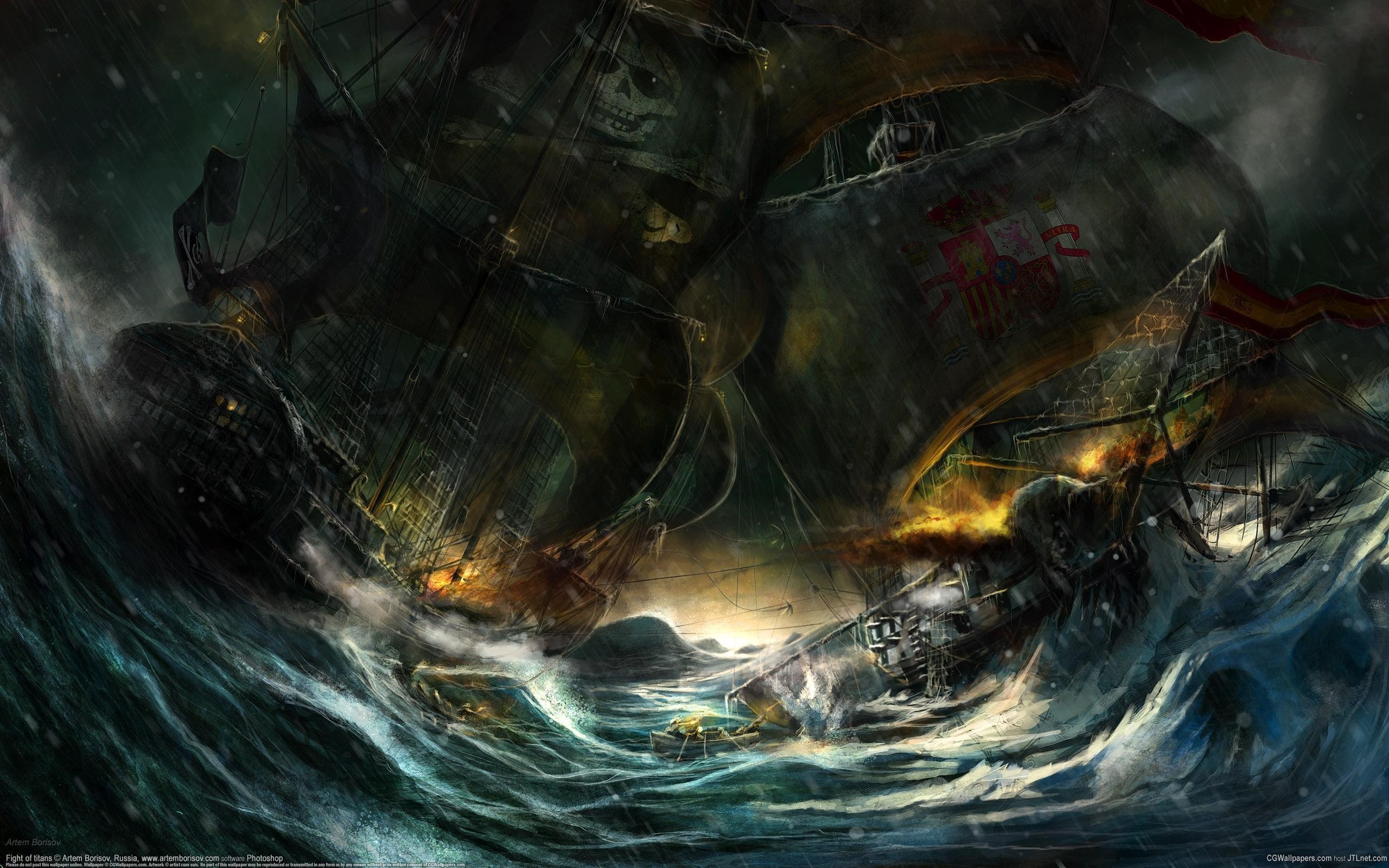 rain, Waves, Storm, Ships, Pirates, Battles, Artwork Wallpaper
