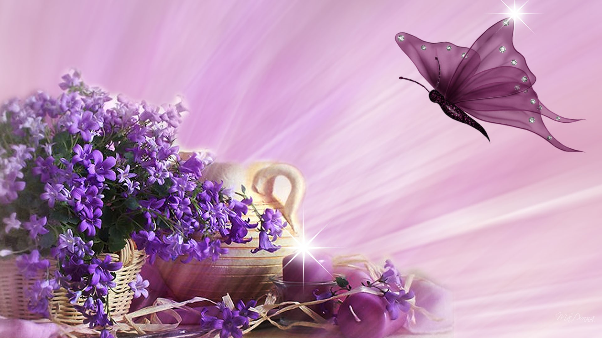 violets, And, Pink, Abstract, Butterfly, Candle, Candles, Flame, Flowers, Persona, Pitcher, Spring, Bokeh Wallpaper