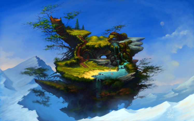 art, Fantasy, Mountain, Island, Flying, Swimming, Water, Waterfall, Trees, People, Steps HD Wallpaper Desktop Background