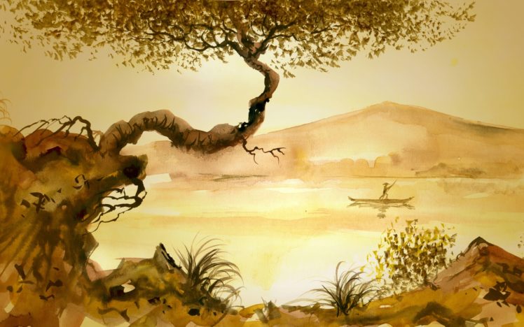 junk, Man, Tree, Grass, Asian, Lake, Painting, Mood HD Wallpaper Desktop Background