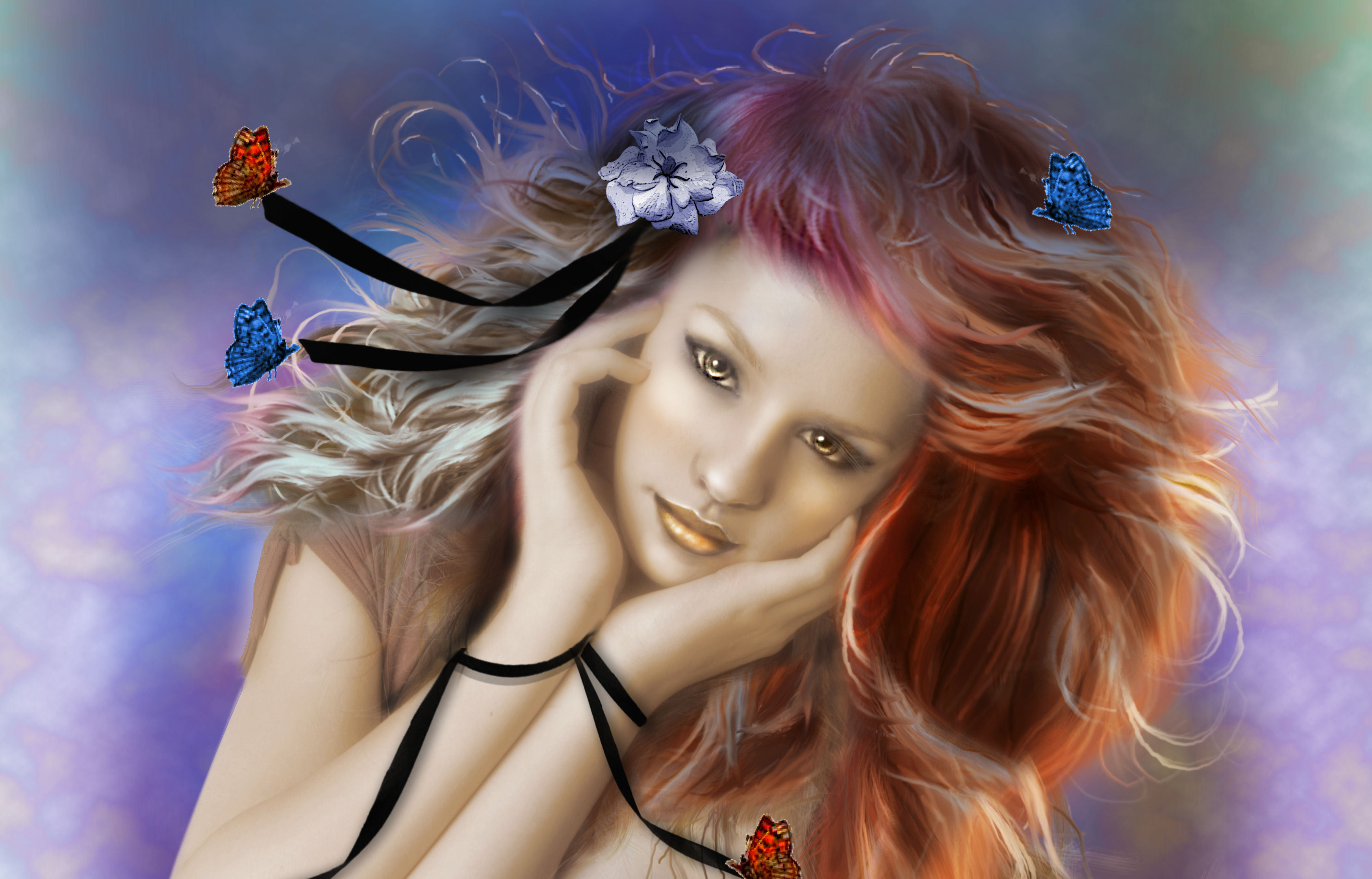 painting, Art, Girl, Eyes, Face, Hair, Butterflies, Arms, Ribbons, Flowers, Mood, Butterfly Wallpaper