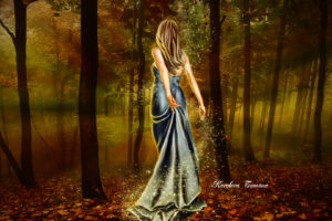 art, Girl, Dress, Back, Hair, Lights, Magic, Forest, Trees, Leaves, Autumn