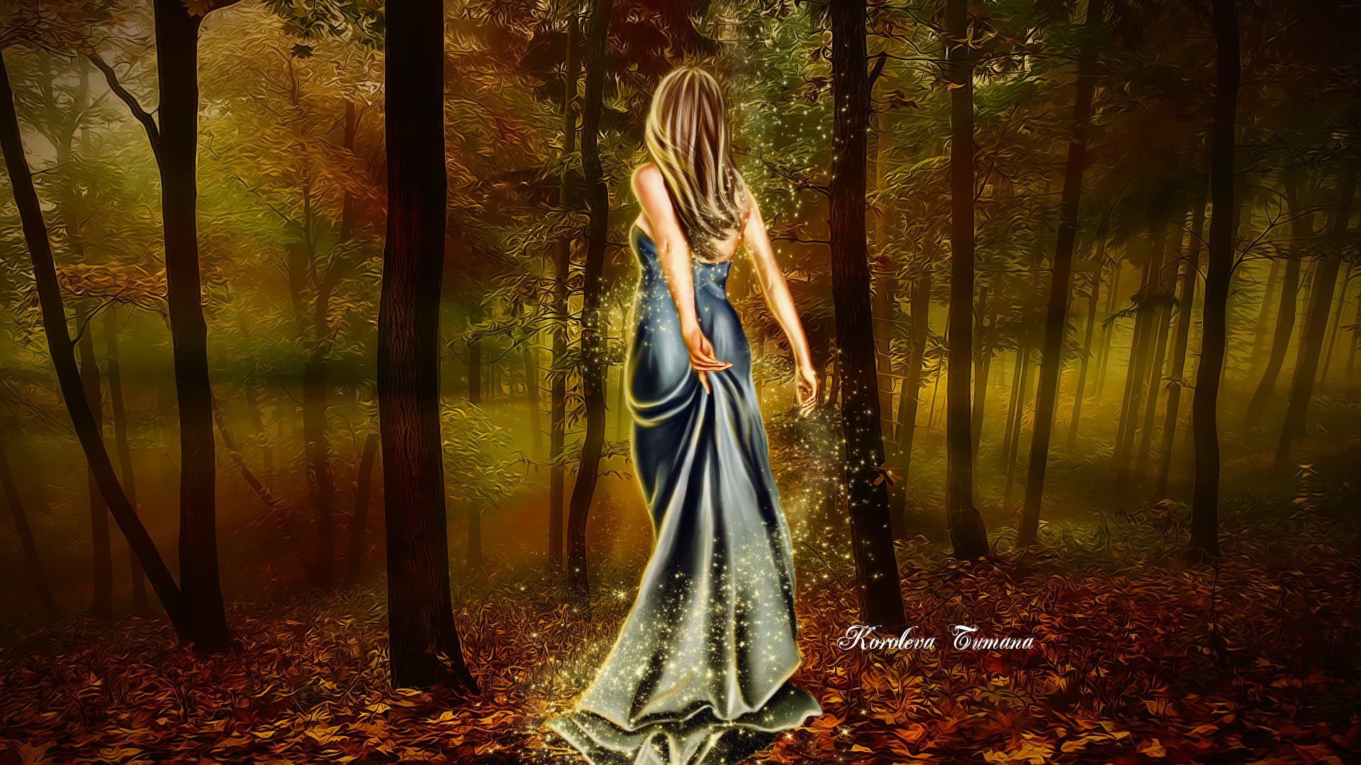 art, Girl, Dress, Back, Hair, Lights, Magic, Forest, Trees, Leaves