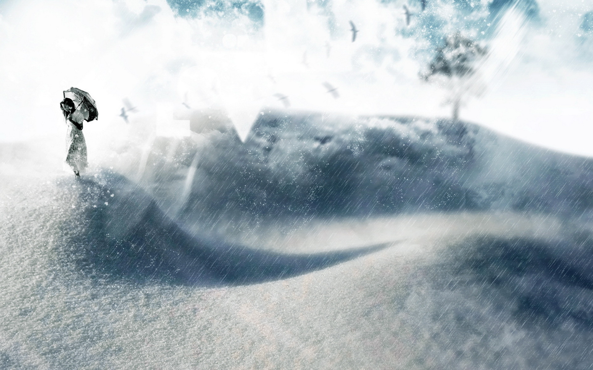 art, Umbrella, Girl, Winter, Snow, Mood, Surreal, Storm Wallpaper