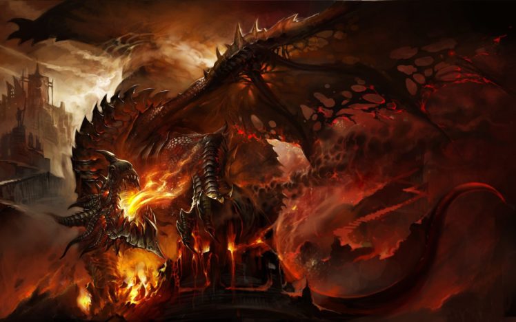 abstract, Dragons, Fire, Fantasy, Art, Deathwing, Artwork, World, Of, Warcraft, Cataclysm HD Wallpaper Desktop Background