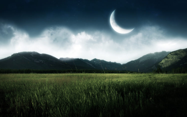 mountains, Nature, Moon, Fields HD Wallpaper Desktop Background