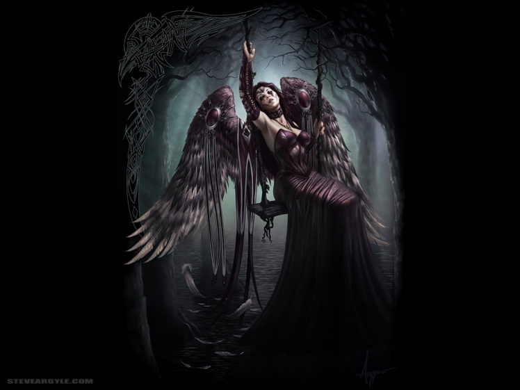 wings, Trees, Feathers, Gothic, Fantasy, Art, Swings, Steve, Argyle, Black, Background, Lace, Gloves, Gowns HD Wallpaper Desktop Background